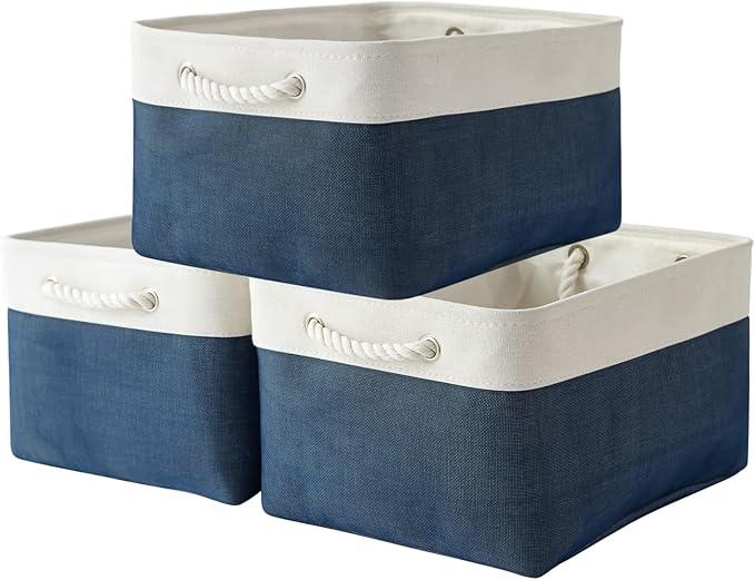3Packs Closet Storage Bins, Extra Large Canvas Cloth Storage Bins Shelf Fabric Storage Basket with Drawstring Closure Collapsible Organizing Baskets for Playroom Yarn Towels Dog Cats Baby Toys (ALL BLUE)