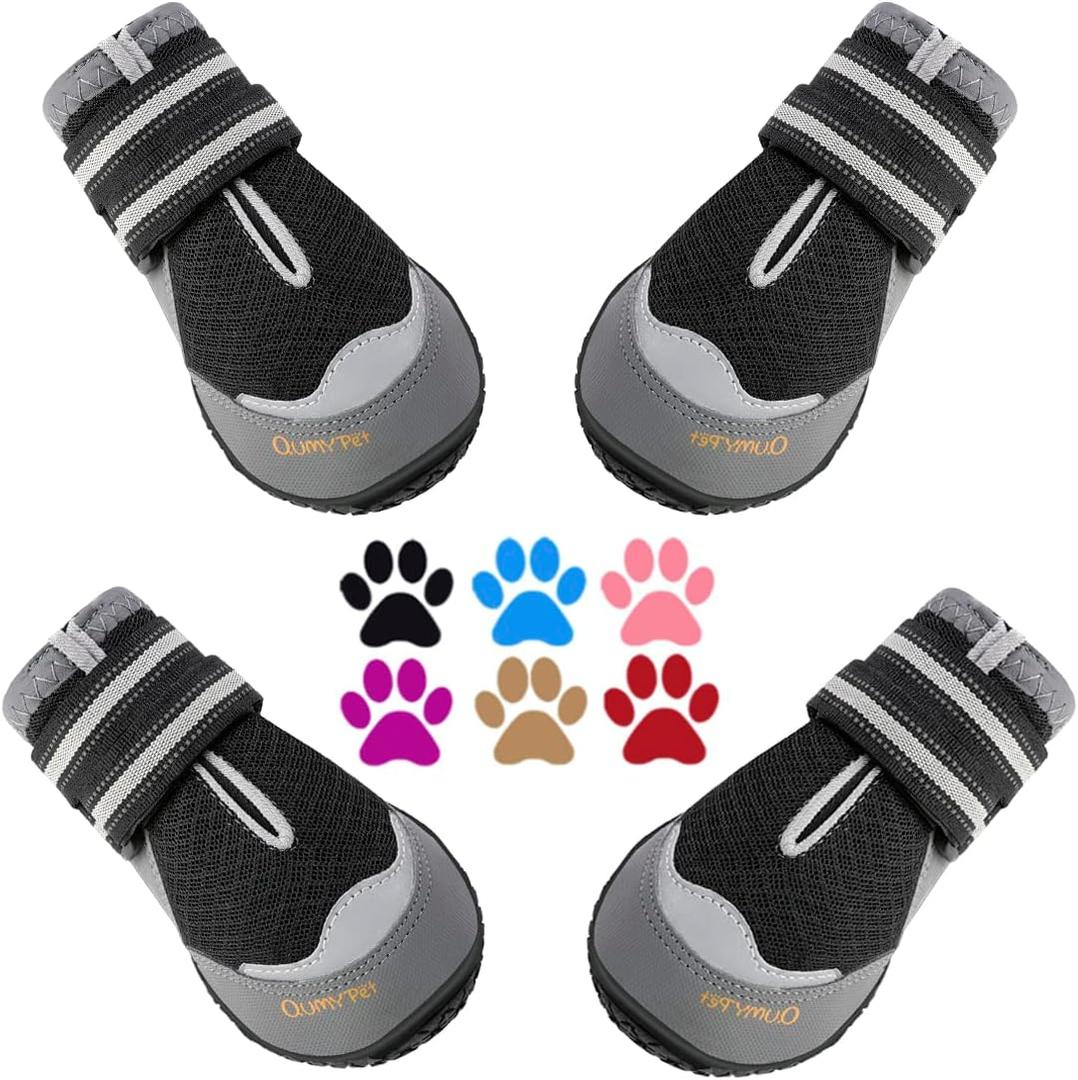 QUMY 4PCS Dog Boots for Large Dogs, Medium Dog Shoes & Paw Protectors for Hot Pavement, Summer Heat Protection, Mesh Breathable Nonslip Dog Booties for Hardfloors, Walking Running Hiking Black Size 7