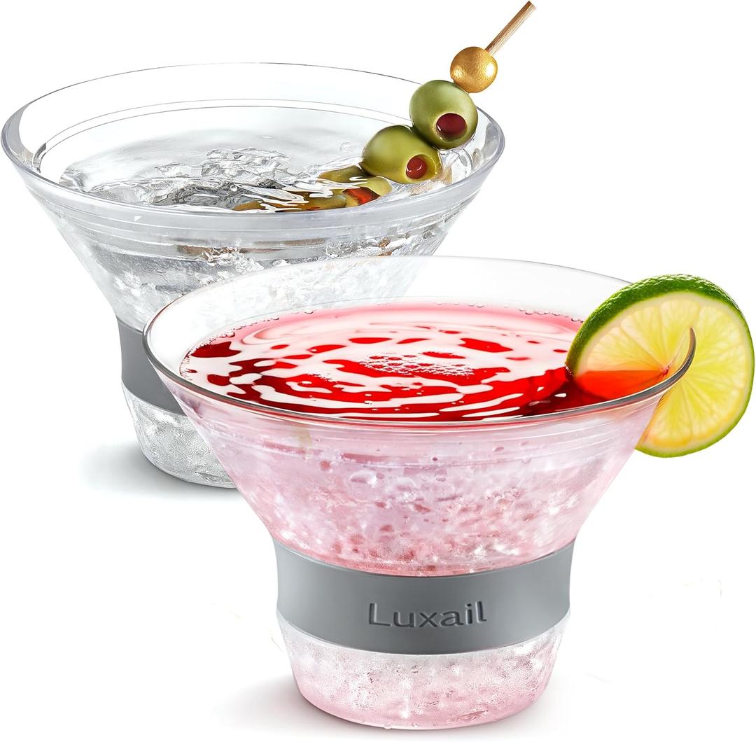 Martini Glasses, Plastic Reusable Insulated Freeze Martini Cooling Cups, Gel Chiller, Double Wall Stemless Martini Glasses Set of 2, 9 Oz Capacity, Martini Gifts, 2 Reusable Cocktail Straws (Gray)