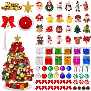 81 Pcs Mini Christmas Tree Decorations Set Mini Christmas Ornaments Tiny Skirt Ball Bow Miniature Hanging Ornament with LED Lights for Small Xmas Tree Decor
