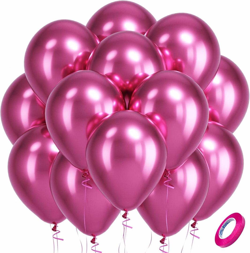 4 x Bezente Metallic Hot Pink Latex Party Balloons - 100 Pack 12 inch Round Helium Metallic Pink Magenta Fushsia Balloons for Bachelorette Gender Reveal Birthday Wedding Anniversary Party Decorations