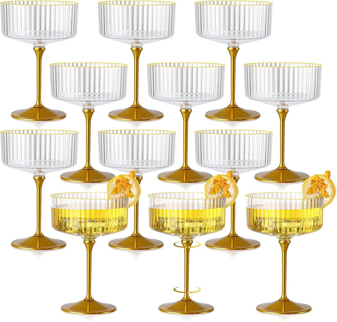 12 PCS Ribbed Coupe Glasses with Gold Stem Clear Plastic Champagne Coupe Cup 10oz Detachable Gold Rim Espresso Martini Glass Vintage Margarita Glassware Cocktail Glass for Christmas, Clear
