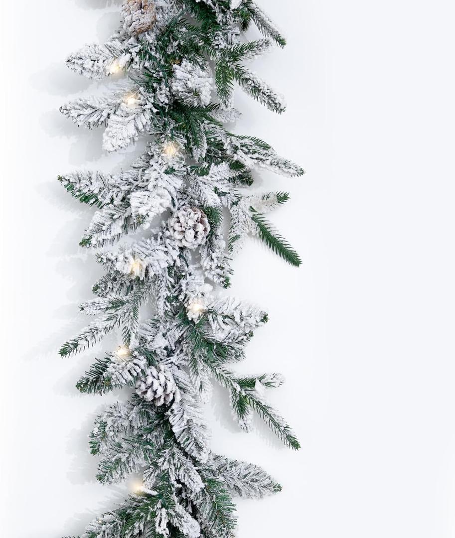 Nervure 9FT Real Touch Christmas Artificial Garland - Norfolk Pine Flocked Garland with 50 Warm White LED Lights for Home Fireplace Indoor Holiday Xmas Decor