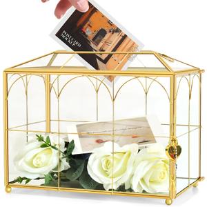 Glass Wedding Card Box with Slot, 10.2 x 5.9 x 7.9 Inches Handmade Vintage Gold Wedding Card Boxes for Reception, Keepsake, Baby Shower, Graduation, Party Decorative Box