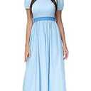 Halloween Women Adult Peater Pan Darling Cosplay Costume Short Puff Sleeve Princess Blue Maxi Dress with Bow Belt XS