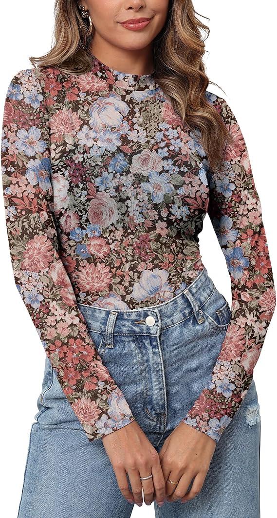 Womens Mesh Floral Long Sleeve Tops Lace Undershirt Mock Neck Going Out Sheer Blouses 2025 Trendy
 M