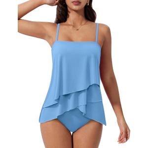 SUUKSESS Women Tummy Control Tankini Swimsuit Ruffle High Waisted Bathing Suit (Blue, M)