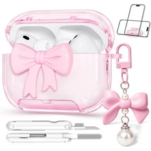 for Airpods Pro 3 Case Pink 2025 with Safety Lock & Phone Stand, 3D Bow Clear iPod Pro 3 Cases with Cute Keychain & Cleaning Kit, Soft TPU Cover for AirPods Pro 3rd Generation Case Girls Women