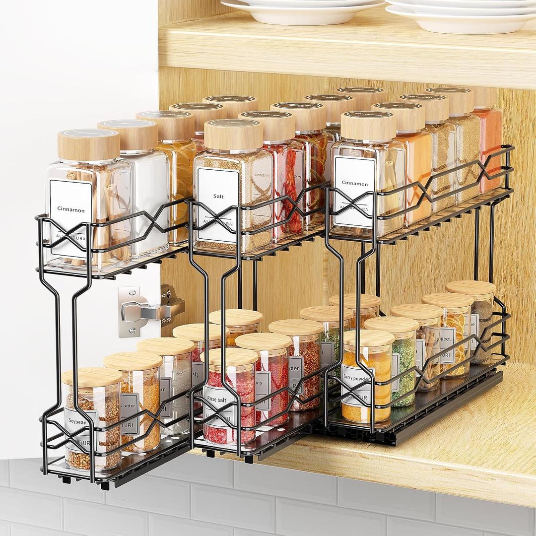 BOIVSHI Pull Out Spice Rack, Spice Organizer for Cabinet-2.3"W×10.5"D×9.7"H | 3 Pack Spice Racks for Inside Cabinets, Metal No Drill Install Spice Rack Organizer for Cabinet, Black