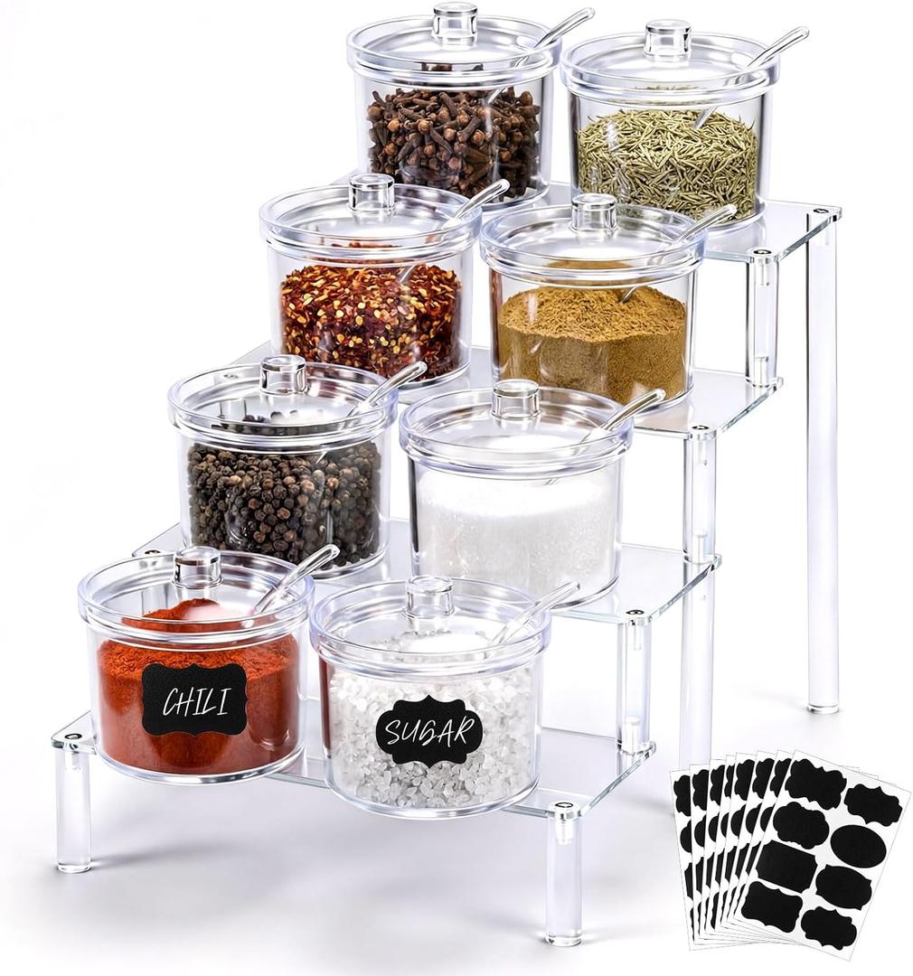 12 Pcs Clear Sugar Bowls with Lid and Spoon and Acrylic Display Risers 7.1 oz Topping Containers with Tag and 4 Tier Acrylic Shelf Stand for Kitchen Hot Cocoa Bar Ice Cream Bar Supplies