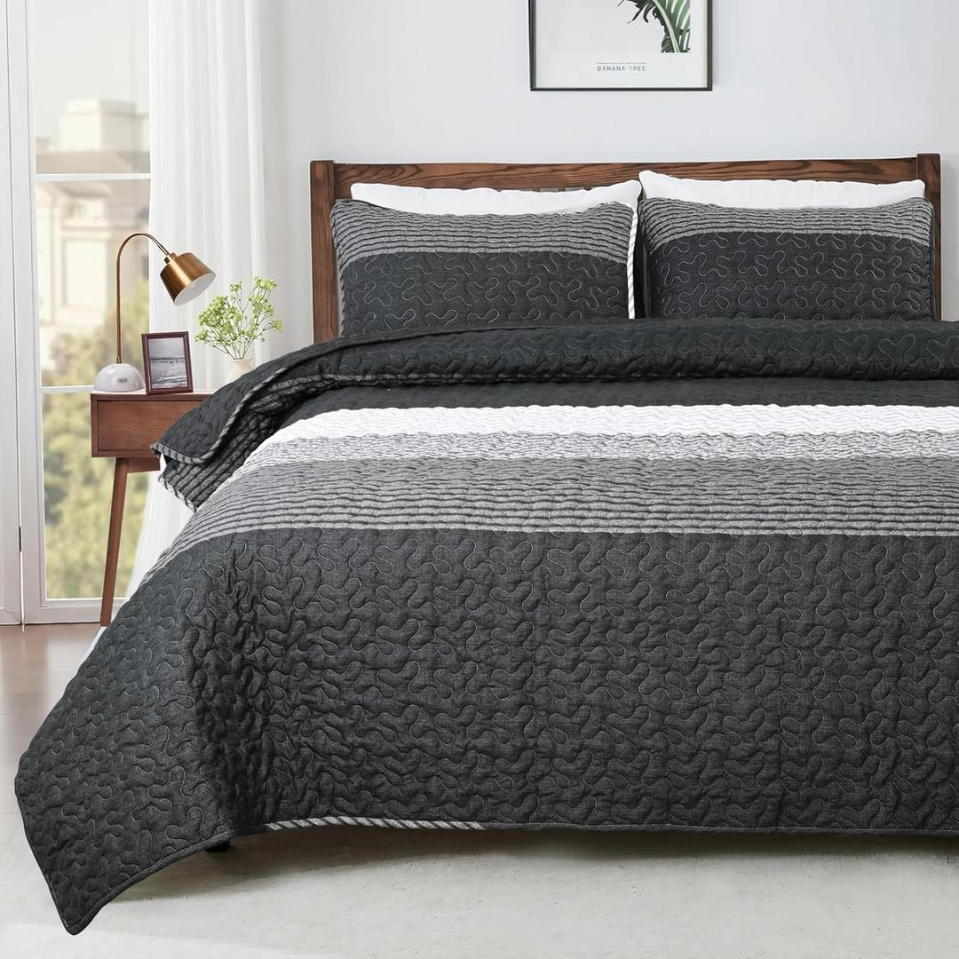 Quilts Queen Size Bedding Set, Soft Microfiber Quilts Set, Patchwork Striped Lightweight Bedspread with 1 Quilt and 2 Pillow Shams for All Season (Black and White, 96"x90")
