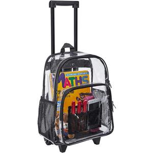 Clearworld Rolling Clear Backpack, Heavy Duty Cold-Resistant Security Transparent PVC Backpack with Wheels (Black)