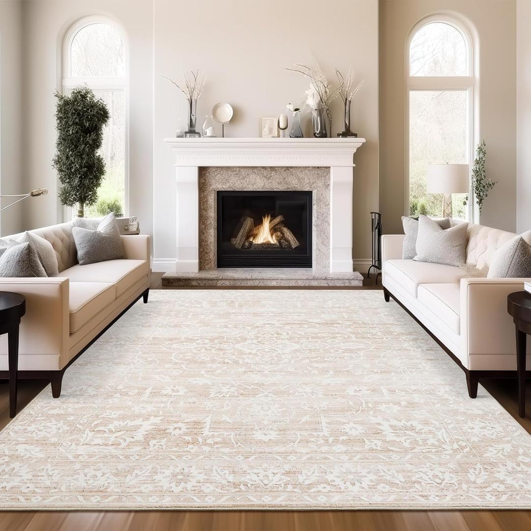 8x10 Area Rugs for Living Room, Stain Resistant Neutral Washable Rugs for Dining Room, Floral Vintage Non-Slip Thin Large Size Area Rug Beige (8' x 10' (Rectangular), Beige)