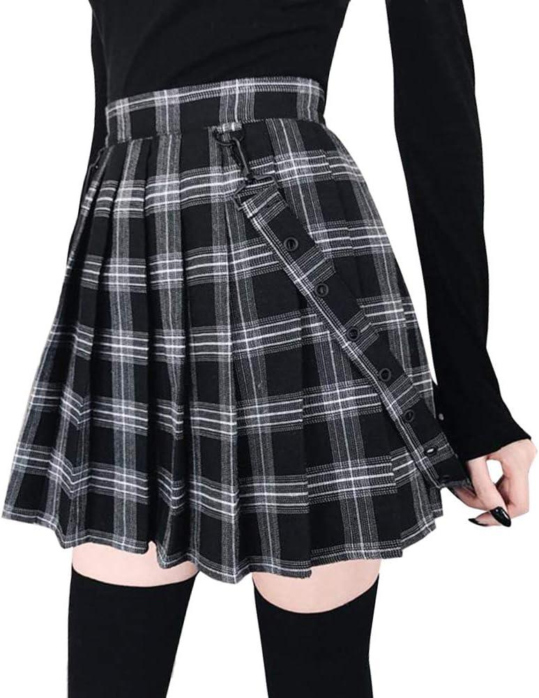 chouyatou Women's Cool Sweet A-Line Decorative Strap Plaid Pleated Mini Skirt (X-Large, Black)