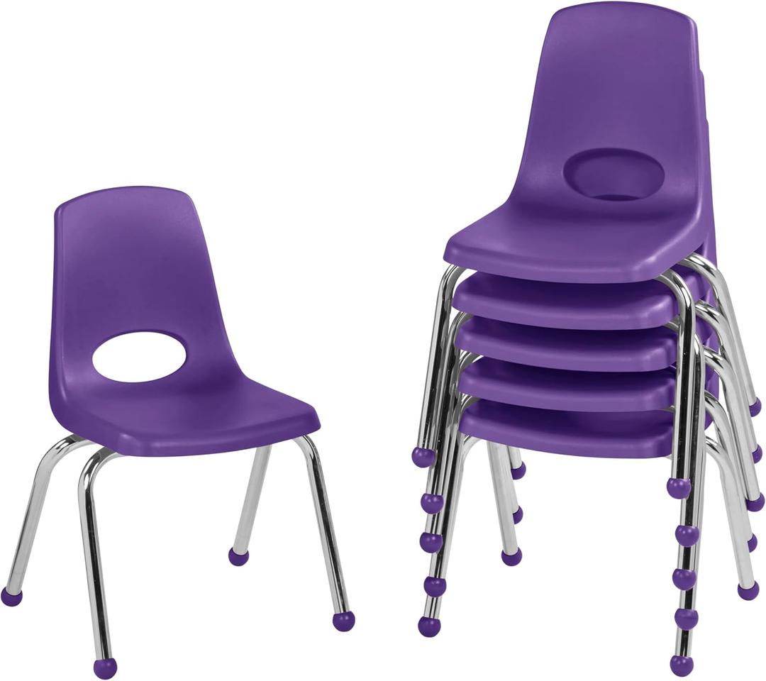 FDP 14" School Stack Chair,Stacking Student Seat with Chromed Steel Legs and Ball Glides For In-Home Learning or Classroom - Purple (6-Pack), 10363-PU