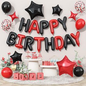 Happy Birthday Balloon Banner Red and Black, 16 Inch Mylar Foil Letter Balloons, Reusable Birthday Decorations with Black Red Balloons, Inflatable Party Supplies for Men Women Boys Girls Decoration