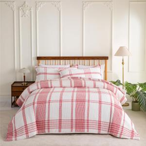 Sophia & William Cotton Comforter Cover Set Twin Size, Waffle Weave White Duvet Cover Set 2 Piece, White + Red