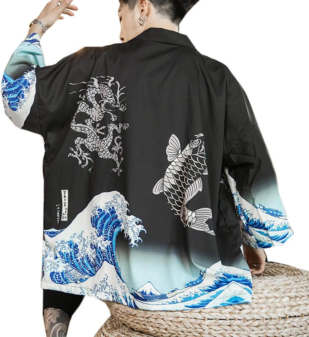 Seidarise Men's Haori Jacket Kimono Cardigan Yukata Noragi Happi Coat (Medium, 1-c-blue)