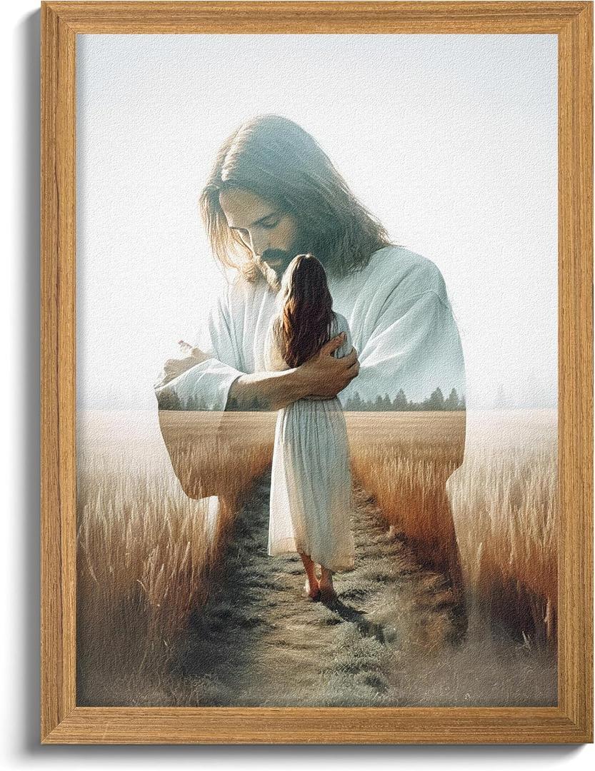 3D Textured Jesus Embracing Woman Wall Art, Hand Drawn Sandstone Christian Wall Decor Painting, Scripture Religion Artwork Pictures for Church Living Room Prayer Room Home Decor 12x16 Inch Framed