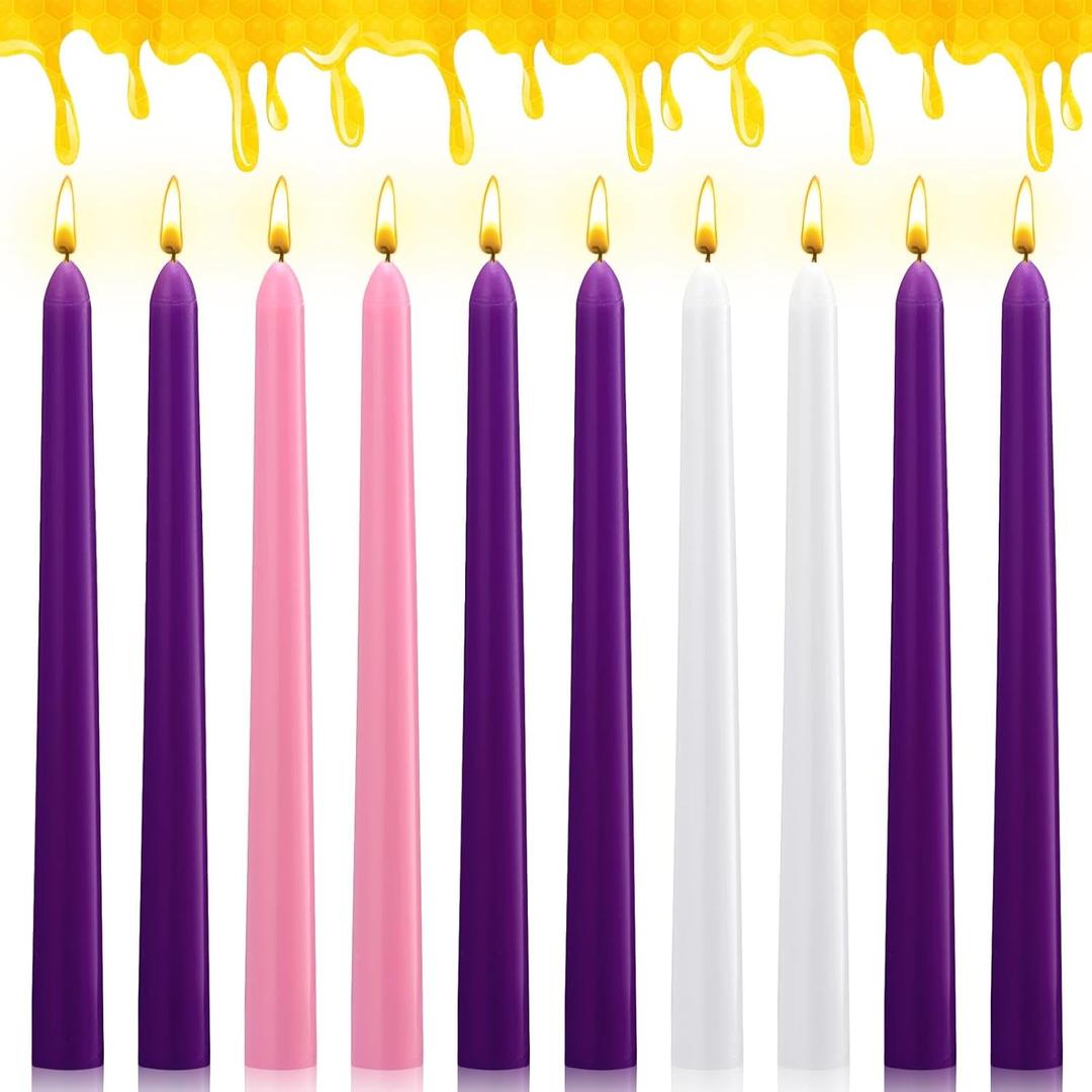 Nuanchu 10pcs Beeswax Advent Taper Candles Natural Beeswax Candle 10 Inch x 7/8 Inch Advent Table Decoration Handmade Smokeless Unscented Taper Candle for Xmas Holidays Celebration Church Wreath Decor
