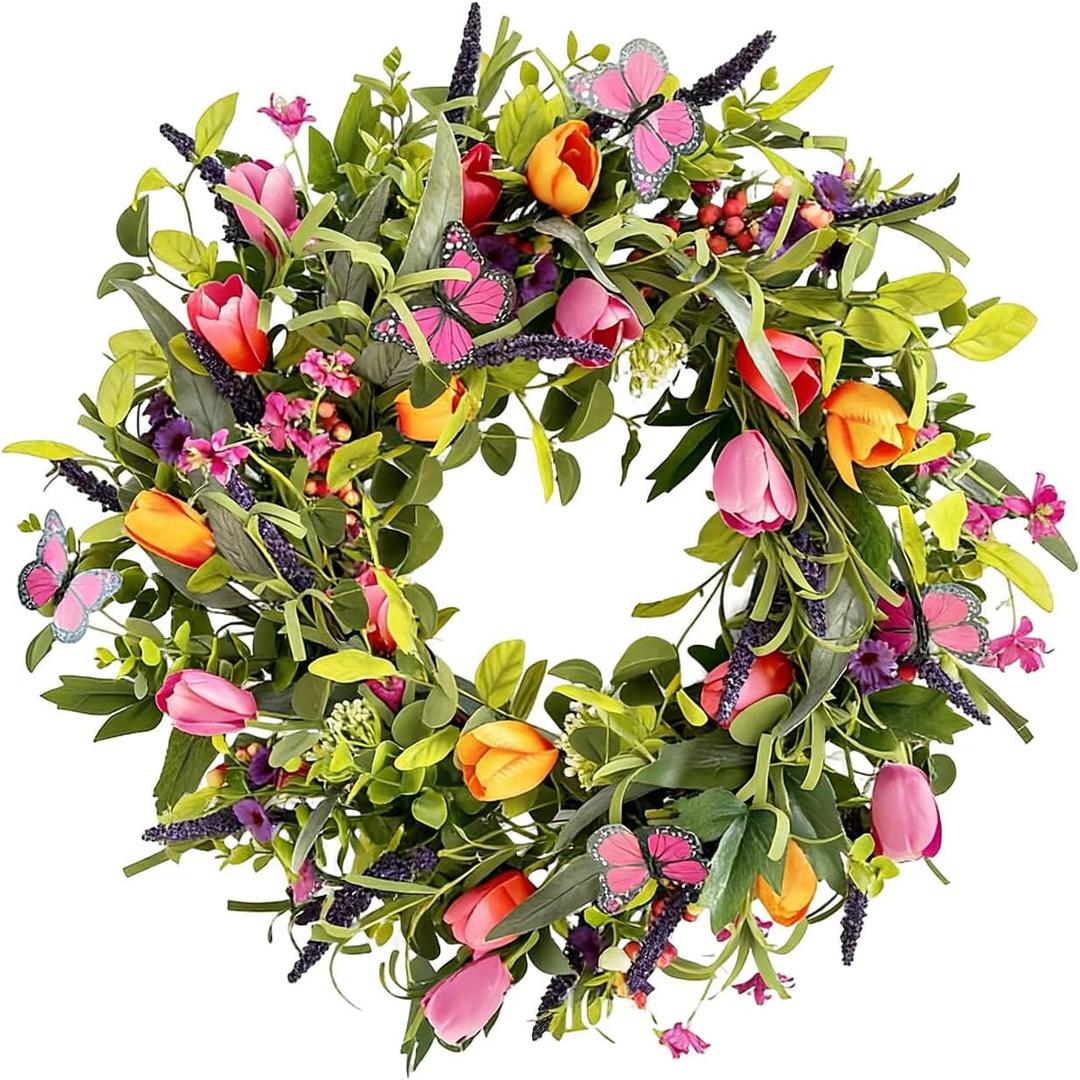 Spring Wreath 22 Inch (10 Inch Inner), Artificial Natural Farmhouse Wreaths for Front Door, Outdoor Spring Decor February Door Wreath