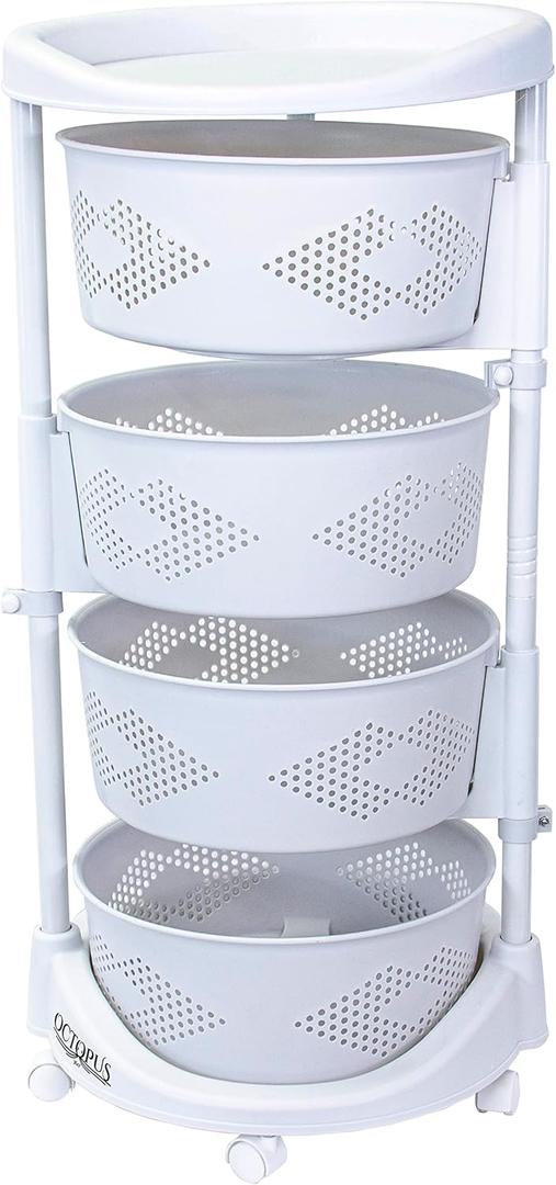 dbest products Octopus 360 4 Tier Rolling cart Kitchen Organization Plastic Rotating Fruit Basket Teacher Classroom Supplies Organizer Makeup Storage Hair Salon Trolley Swivel Lockable Wheels Bar