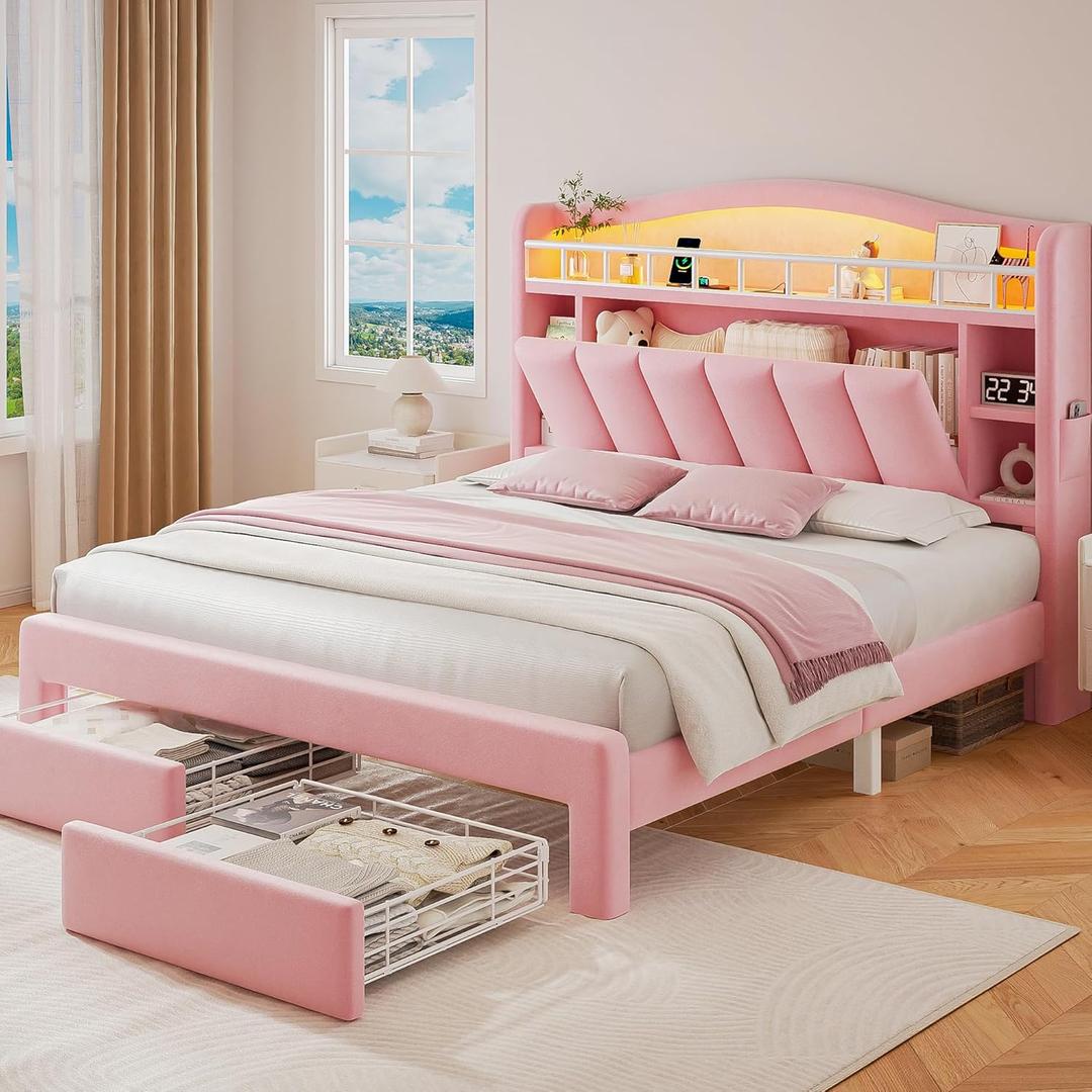 Full LED Bed Frame with Storage Headboard & 2 Storage Drawers, Princess Velvet Upholstered Bed with Vertical Tufted Headboard Design for Girls, USB & Type-C Charging Ports, Wooden Slats Support, Pink