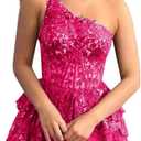 Sparkly Sequin Lace Homecoming Dresses One Shoulder Prom Cocktail Party Dress Short for Teens VT051 (2, Hot Pink)