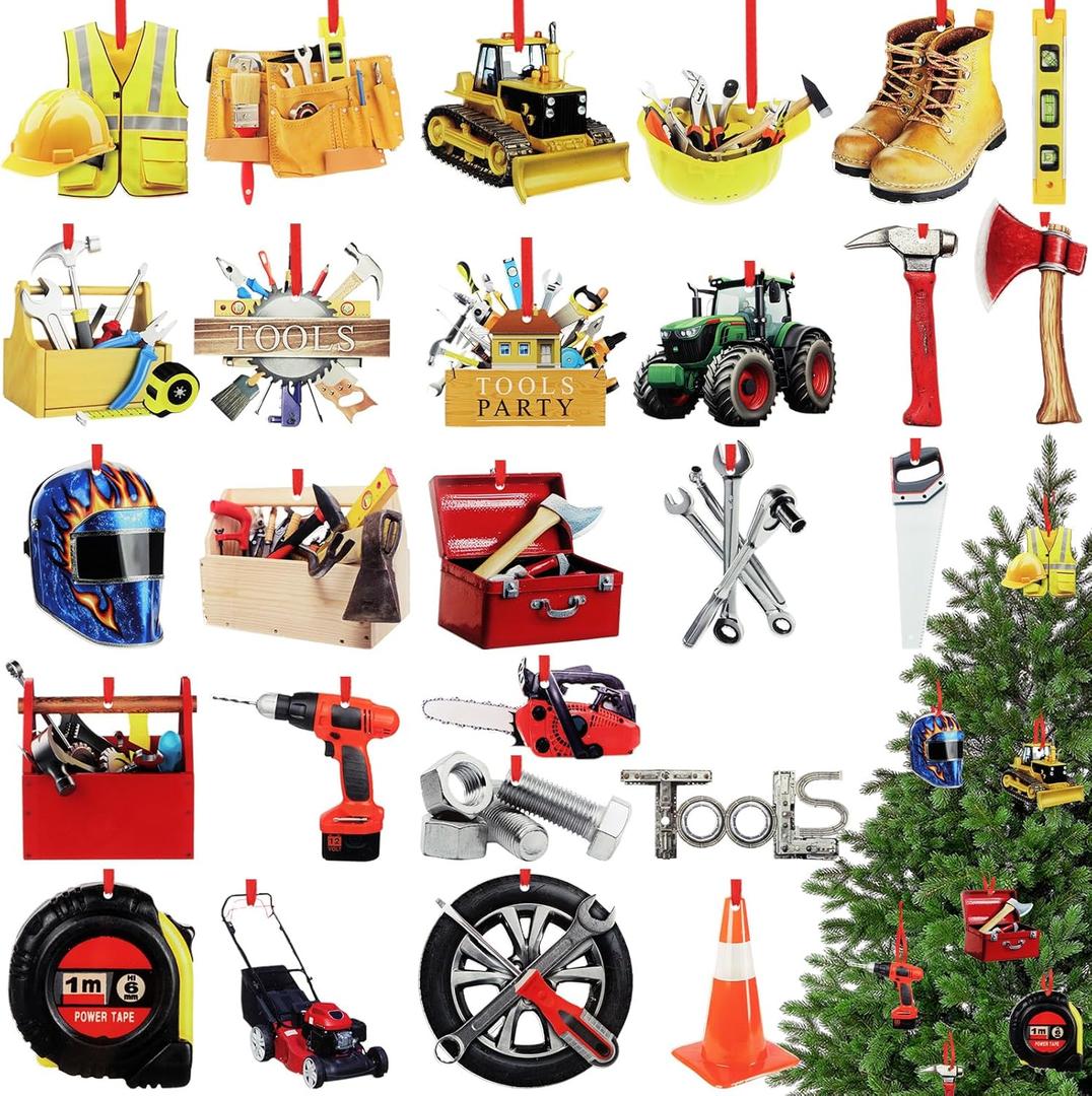 26 Pcs Construction Tools Christmas Tree Ornaments Acrylic Xmas Hanging Double Sided Pattern Handyman Ornaments for Home Party Decor