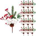 12 Pieces Pine Snowy Flower Christmas Picks Red Berry Artificial Holly Sprays Picks Fake Berries Pine Cones for Christmas Crafts Party Festive Home Tree Decor 11 Inch Flexible Stems