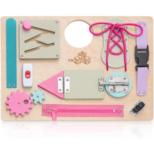 Montessori Busy Board for Toddlers, Premium Wooden Toddler Busy Board for 1 2 3 Year Old with 10 Educational Activities for Fine Motor Skills, Sensory Activity Toy for Travel, Gift for Boys & Girls (Large, Coral)