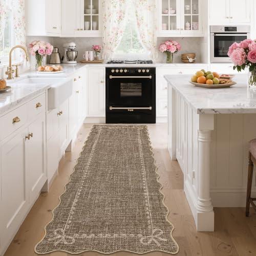 GarveeHome Scalloped Bow Rug for Living Room, Solid Brown Rug for Dorm, Washable Runner Rug 2.5x8 Soft Low Pile Non Slip Scalloped Rugs for Nursery Bedroom Decor Hallway Entryway Playroom