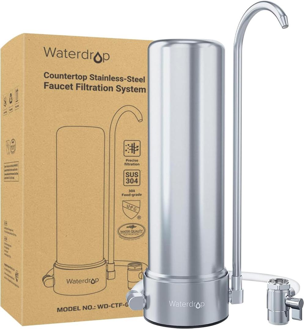 Waterdrop Countertop Water Filter, NSF/ANSI 42&372 Certified,5-Stage Stainless Steel Faucet Water Filter for 8000 Gallons, Reduces Heavy Metals, Bad Odor and 99% Chlorine,WD-CTF-01(1 Filter Included) (Pure Version-Basic)