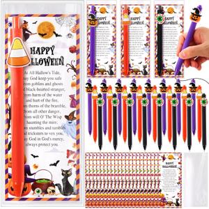Yexiya 24 Sets Halloween Ballpoint Pens Bulk Halloween Appreciation Gifts for Coworker Pumpkin Candy Eyeball Ballpoint Pens with Bookmarks for Party Favors School Rewards Gift Exchange Office