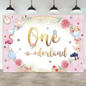 5x3ft 1st Birthday Backdrop Onederland Tea Party Photography Background Pink Flower Green Leaf Flamingo Teapot Girls First Birthdays Party Banner Decorations Kids Parties Photo Booth Prop