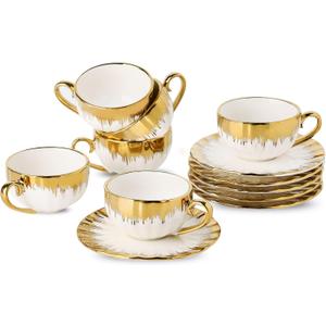 LETAOTAO Espresso Cups and Saucers, 2.5 oz Porcelain Espresso Cups Set of 6, Ceramic Coffee Cups with Gold Trim, Espresso Mugs, Mini Demitasse Cups with Handle for Single Espresso, White