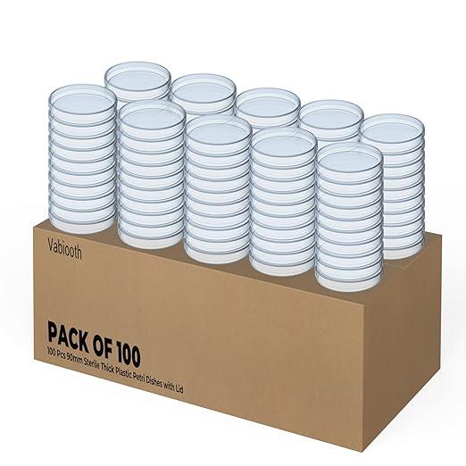 100 Packs Sterile Thick Plastic Petri Dishes with Lid, Vabiooth 90mm Dia x 15mm Deep Clear 3 Vents Petri Dish for Lab Science Experiment