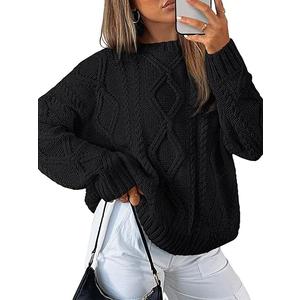 Trendy Queen Women's Oversized Cable Knit Crewneck Sweaters (Large, Cream)