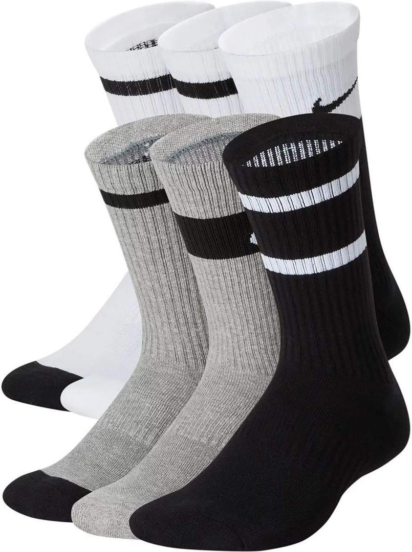 Nike unisex-child Everyday Cushioned Crew Socks (6 Pairs) (Medium, White/Black/Grey)