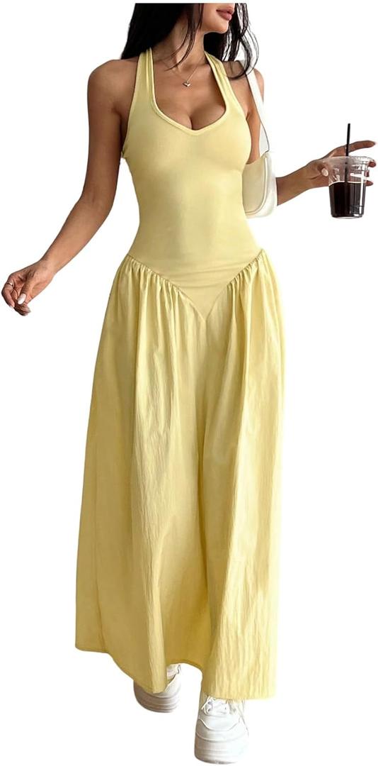 SOLY HUX Women's Maxi Dress Halter Tie Back Sleeveless A Line Flared Long Dresses Solid Yellow S