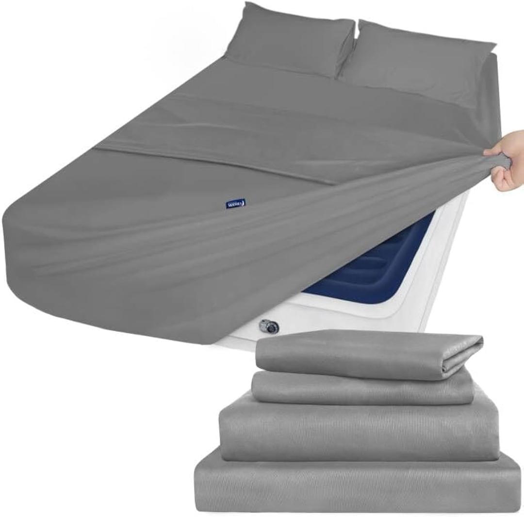 Air Mattress Queen Sheet Set Deep Pocket Queen Sheets - 4 Piece Bed Sheets Queen Size Fade Resistant Fits 16in to 24in Pillow Top Air Bed Mattress - Grey (Gray)