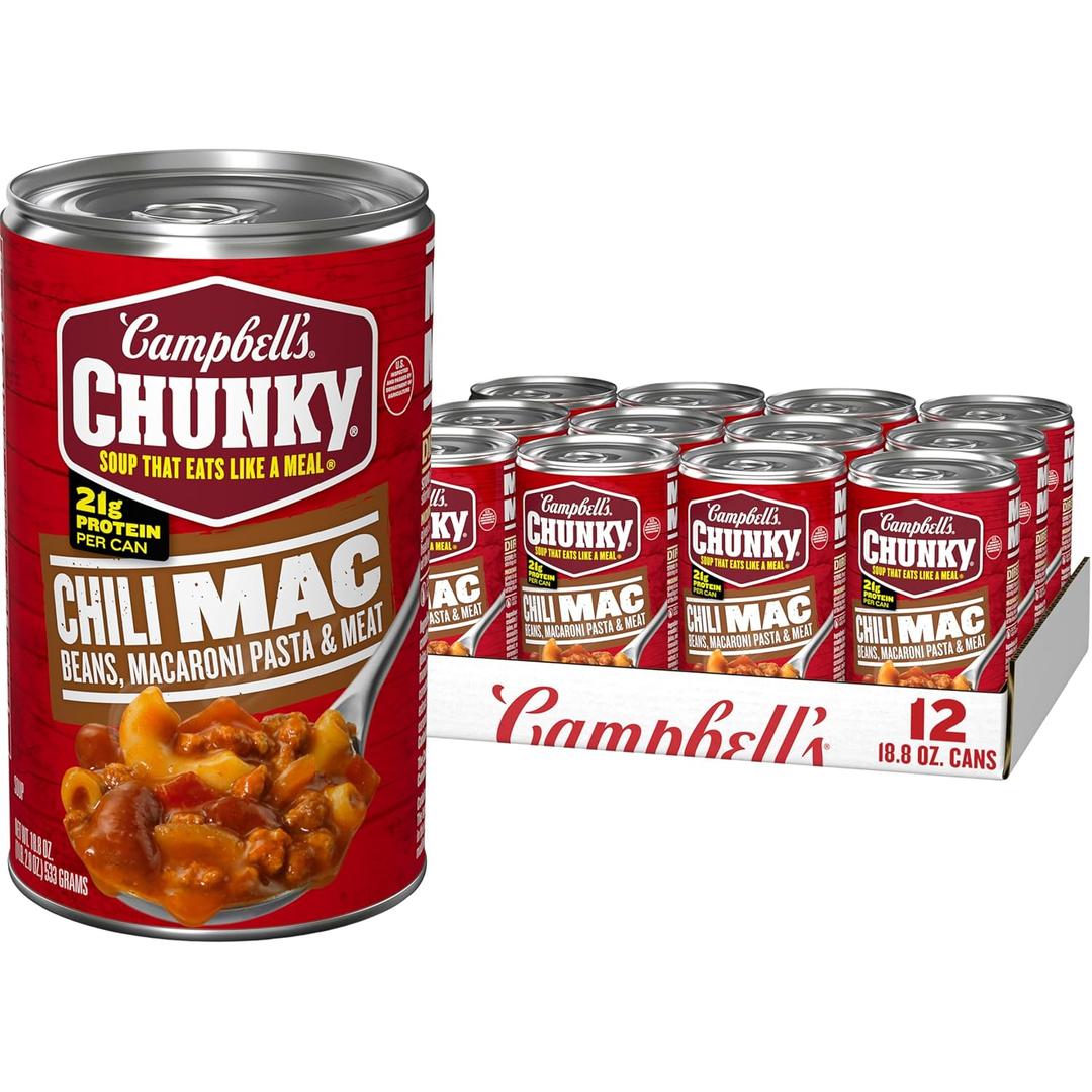 Campbells Chunky Chili Mac Soup, 18.8 oz Can (12 Pack) (EXP 09/13/27)