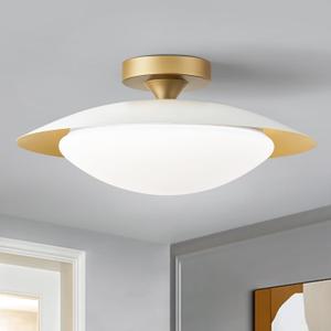 Dimmable Modern Mid-Century Ceiling Light, White and Gold LED Semi Flush Mount Ceiling Light, 5CCT 2700K-6000K Lighting Fixture Ceiling Lamp with Glass Shade for Bedroom Kitchen Living Room, 15.8in