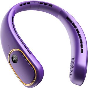 SHEWIND Portable Neck Fan - 5000mAh Rechargeable Hands-Free Wearable Fan | 4 Speeds, Bladeless & LED Display | Personal Cooling Fan for Travel, Outdoors, Camping - Purple