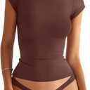 Womens Double Lined Mock Turtle Neck Tops Slim Fitted Cap Sleeve Shirts Going Out Tees Y2k Summer Clothes 2025 (Large, Brown)