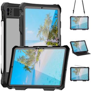 Compatible with iPad Pro 11 inch M4 2024 M5 2025 Waterproof Case,360 Protective Military Drop-Proof,with Strap Stand,Clear Screen Protector,Built-in Pencil Holder for iPad pro 11 Tablet Cover-Black
