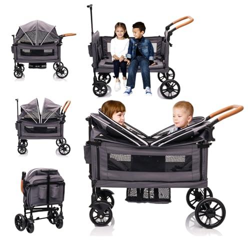 Wagon Stroller for 2 Kids & Cargo-Push-Pull Double Baby Wagon Lightweight Travel Folding Stroller for Toddler with 5-Point Harness, Adjustable Handle Bar and Canopy, Tray Table, Cup Holder(Light Grey)