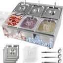 Kalolary 6 Pans Pizza Topping Storage Station, Stainless Steel Condiment Containers with Lids Spoons Ice Food Serving Display Container Salad Bar Buffet Station for Home Sauce Jam Kitchen Restaurant
