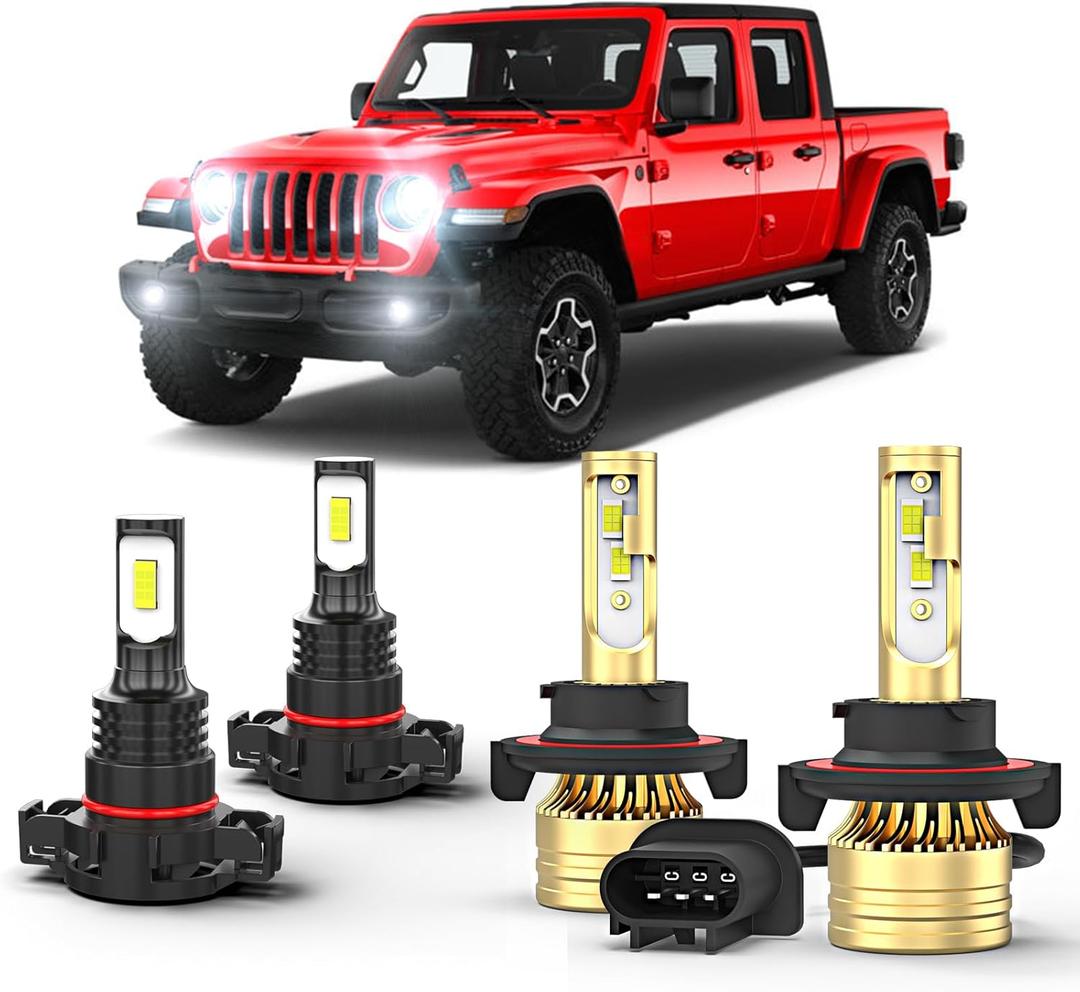 Fit for 2020-2022 Jeep Gladiator,9008/H13 Hi/Lo Bulb+5202 Fog Lights,500% Bright 6000K 11000LM 70W,Ultra Bright LED Light Bulbs,Plug and Play,Pack of 4
