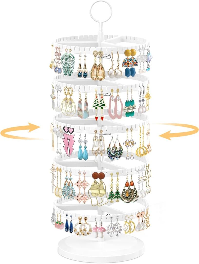 EsLuker.ly Earring Holder Organizer Rotating Stud Display Tree Rack with 285 U-Slots for Women Girls, Large Adjustable 5 Tier Plastic Storage Stand with Metal Tray for Pierced Hoop Post Earring, White